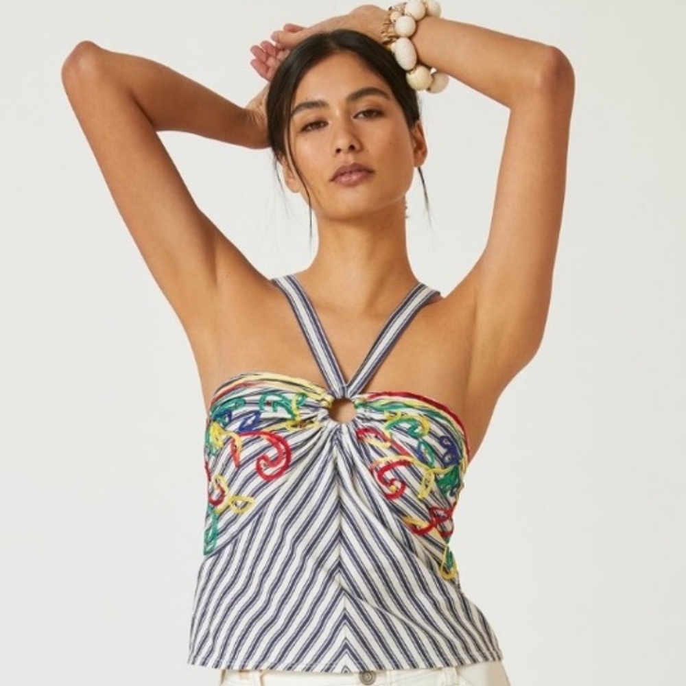 Anthropologie TINY Avril Embroidered Embellished Striped Halter Tank Top